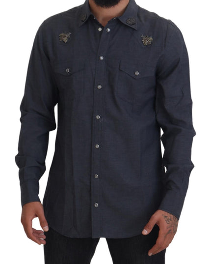 Dolce & Gabbana Blue Cotton Denim Crystal Bee Shirt