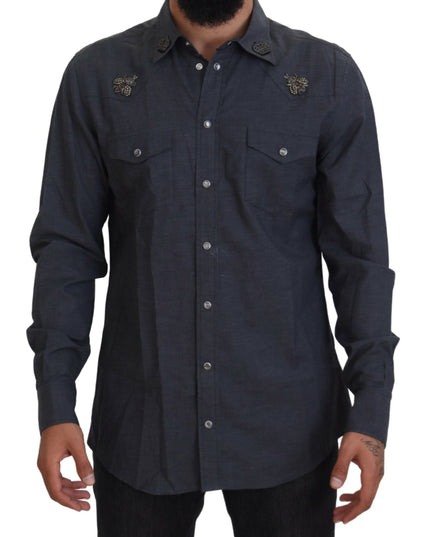 Dolce & Gabbana Blue Cotton Denim Crystal Bee Shirt