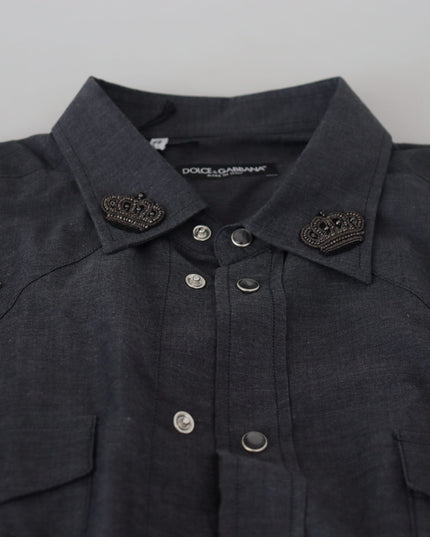 Dolce & Gabbana Blue Cotton Denim Crystal Bee Shirt