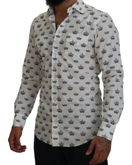 Dolce & Gabbana White Crown Print Slim Fit Cotton Shirt