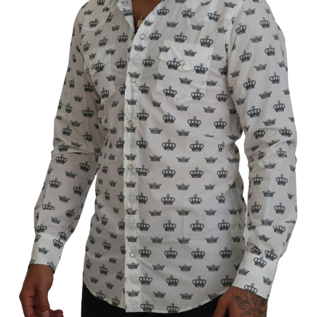Dolce & Gabbana White Crown Print Slim Fit Cotton Shirt