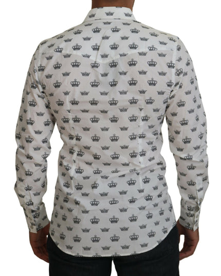 Dolce & Gabbana White Crown Print Slim Fit Cotton Shirt