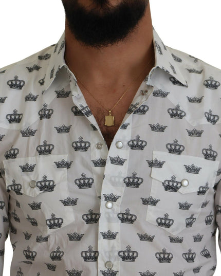 Dolce & Gabbana White Crown Print Slim Fit Cotton Shirt