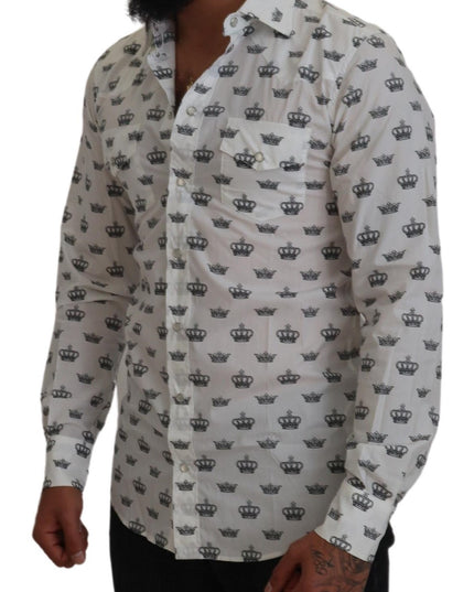 Dolce & Gabbana White Crown Print Slim Fit Cotton Shirt