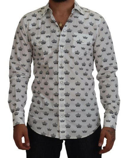 Dolce & Gabbana White Crown Print Slim Fit Cotton Shirt