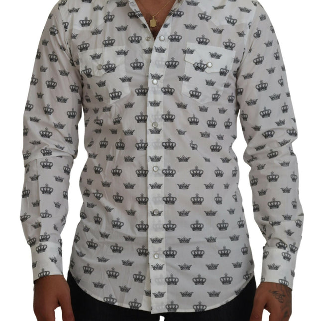 Dolce & Gabbana White Crown Print Slim Fit Cotton Shirt
