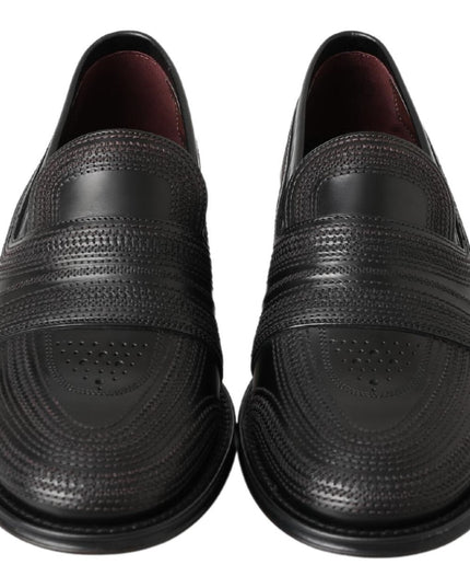 Dolce & Gabbana Black Leather Slipper Loafers Stitched Shoes
