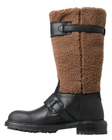 Dolce & Gabbana Black Leather Brown Shearling Boots