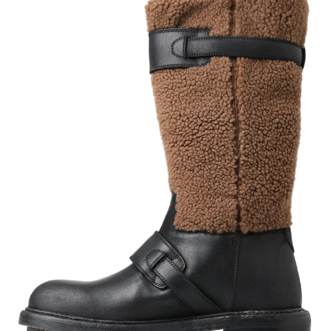 Dolce & Gabbana Black Leather Brown Shearling Boots