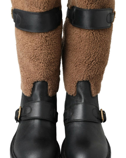 Dolce & Gabbana Black Leather Brown Shearling Boots