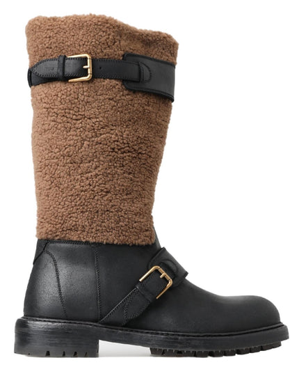 Dolce & Gabbana Black Leather Brown Shearling Boots