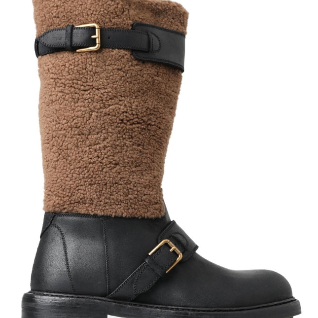 Dolce & Gabbana Black Leather Brown Shearling Boots