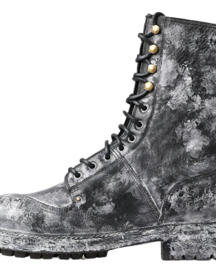 Dolce & Gabbana Black Gray Leather Mid Calf Boots Shoes