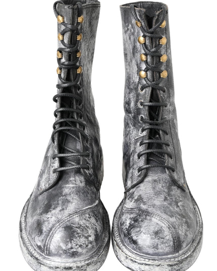 Dolce & Gabbana Black Gray Leather Mid Calf Boots Shoes