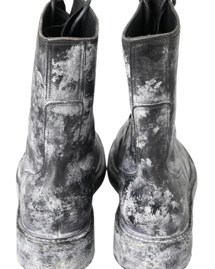 Dolce & Gabbana Black Gray Leather Mid Calf Boots Shoes