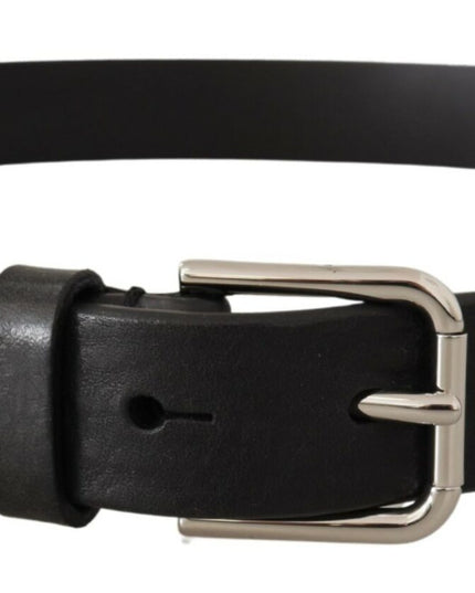 Dolce & Gabbana Black Calf Leather Silver Tone Logo Metal Buckle Belt