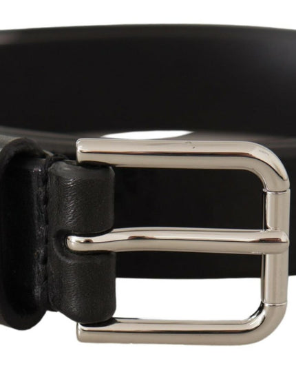 Dolce & Gabbana Black Calf Leather Silver Tone Logo Metal Buckle Belt