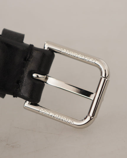 Dolce & Gabbana Black Calf Leather Silver Tone Logo Metal Buckle Belt