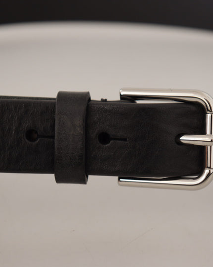 Dolce & Gabbana Black Calf Leather Silver Tone Logo Metal Buckle Belt