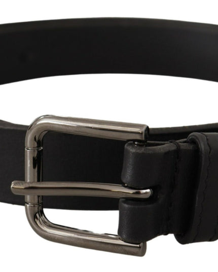 Dolce & Gabbana Black Calf Leather Logo Engraved Metal Buckle Belt