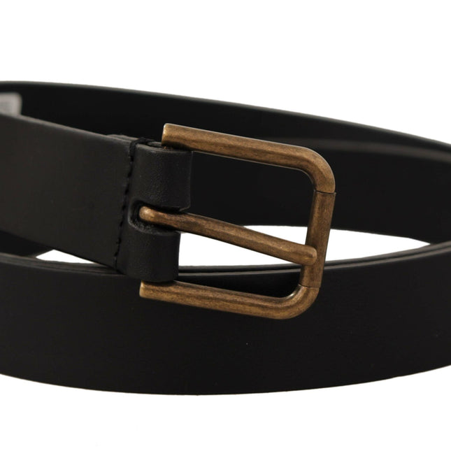 Dolce & Gabbana Black Calf Leather Brass Logo Engraved Buckle Belt