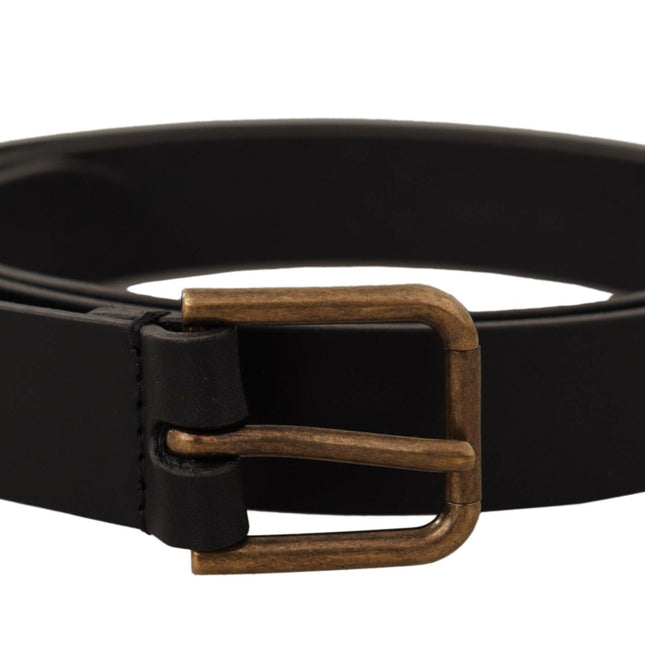 Dolce & Gabbana Black Calf Leather Brass Logo Engraved Buckle Belt