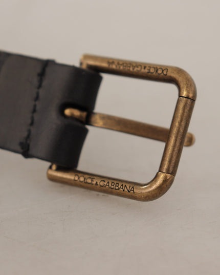 Dolce & Gabbana Black Calf Leather Brass Logo Engraved Buckle Belt