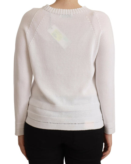 Alpha Studio White Long Sleeves Crewneck Pullover Sweater