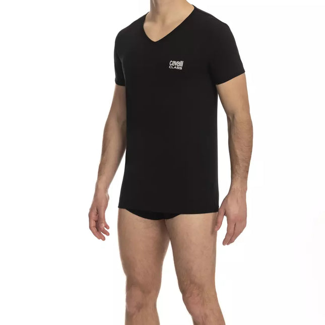 Cavalli Class "Black Cotton Men's V-Neck T-Shirt"