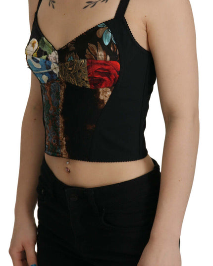 Dolce & Gabbana Black Patchwork Sicily Blouse Corset Cropped Top