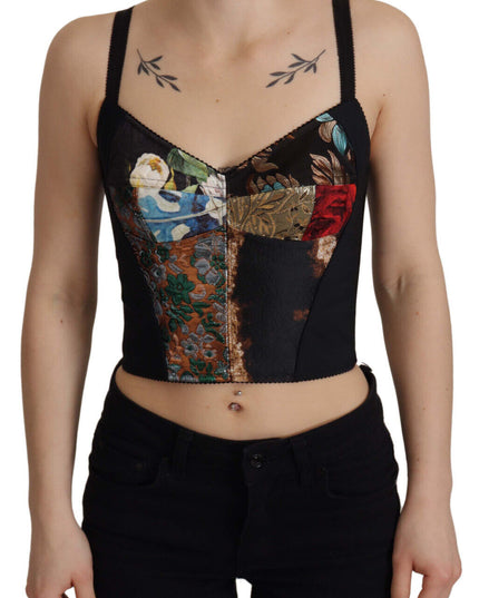 Dolce & Gabbana Black Patchwork Sicily Blouse Corset Cropped Top