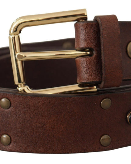 Dolce & Gabbana Brown Leather Studded Gold Tone Metal Buckle Belt