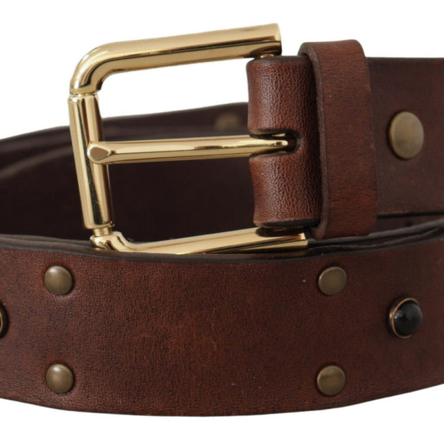 Dolce & Gabbana Brown Leather Studded Gold Tone Metal Buckle Belt