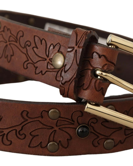 Dolce & Gabbana Brown Leather Floral Studded Metal Buckle Belt
