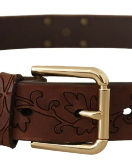 Dolce & Gabbana Brown Leather Floral Studded Metal Buckle Belt