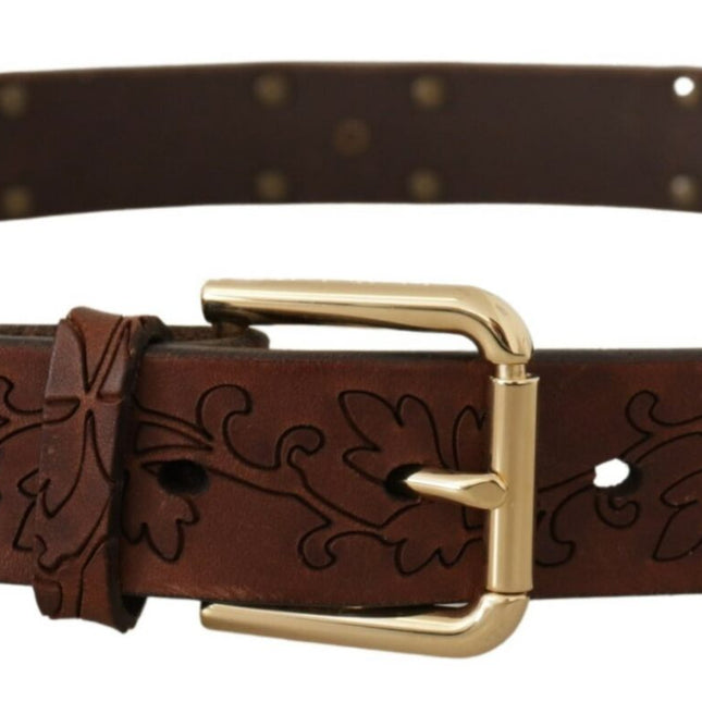 Dolce & Gabbana Brown Leather Floral Studded Metal Buckle Belt