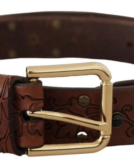 Dolce & Gabbana Brown Leather Floral Studded Metal Buckle Belt