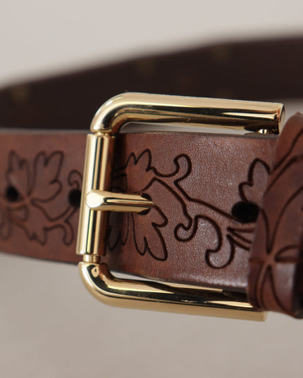 Dolce & Gabbana Brown Leather Floral Studded Metal Buckle Belt