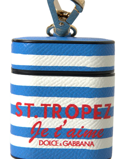 Dolce & Gabbana Blue Stripe Dauphine Leather Logo Print Airpod Case