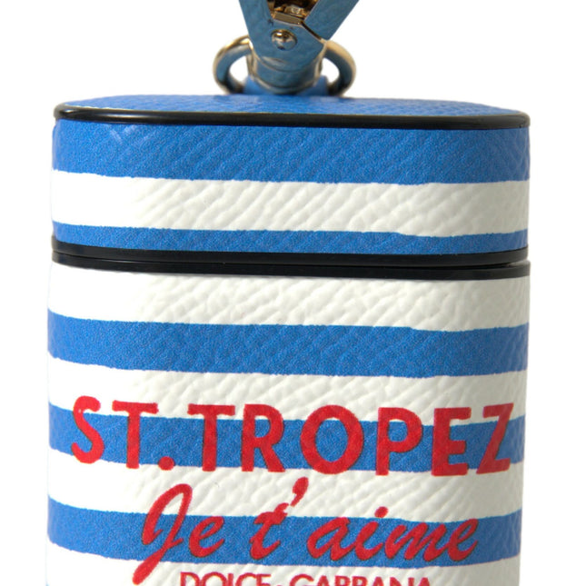 Dolce & Gabbana Blue Stripe Dauphine Leather Logo Print Airpod Case