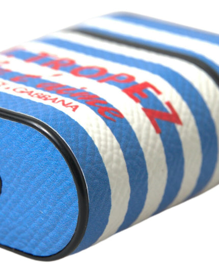 Dolce & Gabbana Blue Stripe Dauphine Leather Logo Print Airpod Case