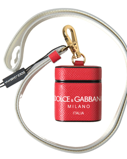 Dolce & Gabbana Red Leather Gold Tone Metal Logo Print Airpods Case