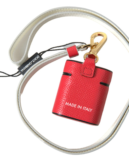 Dolce & Gabbana Red Leather Gold Tone Metal Logo Print Airpods Case