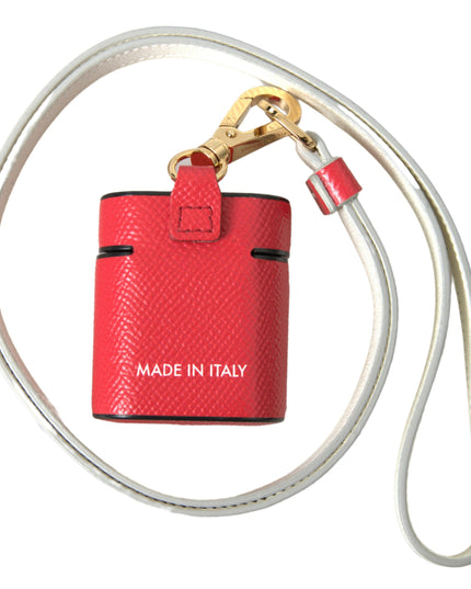 Dolce & Gabbana Red Leather Gold Tone Metal Logo Print Strap Airpods Case