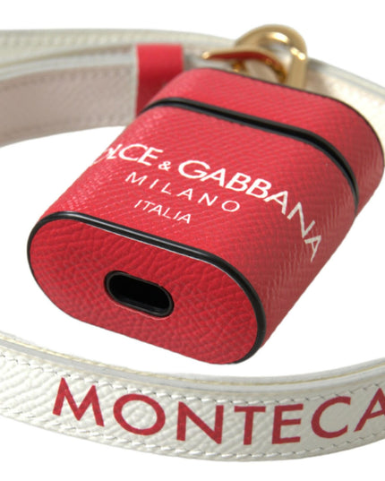 Dolce & Gabbana Red Leather Gold Tone Metal Logo Print Strap Airpods Case