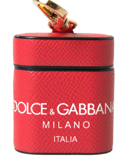 Dolce & Gabbana Red Leather Gold Tone Metal Logo Print Strap Airpods Case