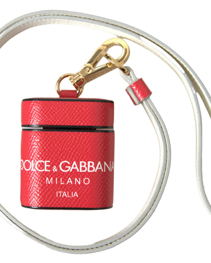 Dolce & Gabbana Red Leather Gold Tone Metal Logo Print Strap Airpods Case