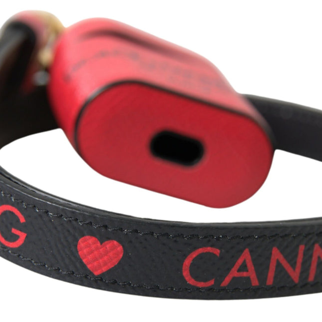 Dolce & Gabbana Red Black Calf Leather Logo Print Strap Airpods Case
