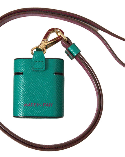 Dolce & Gabbana Green Maroon Calf Leather Logo Print Strap Airpods Case