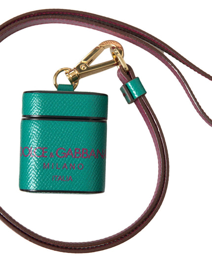 Dolce & Gabbana Green Maroon Calf Leather Logo Print Strap Airpods Case